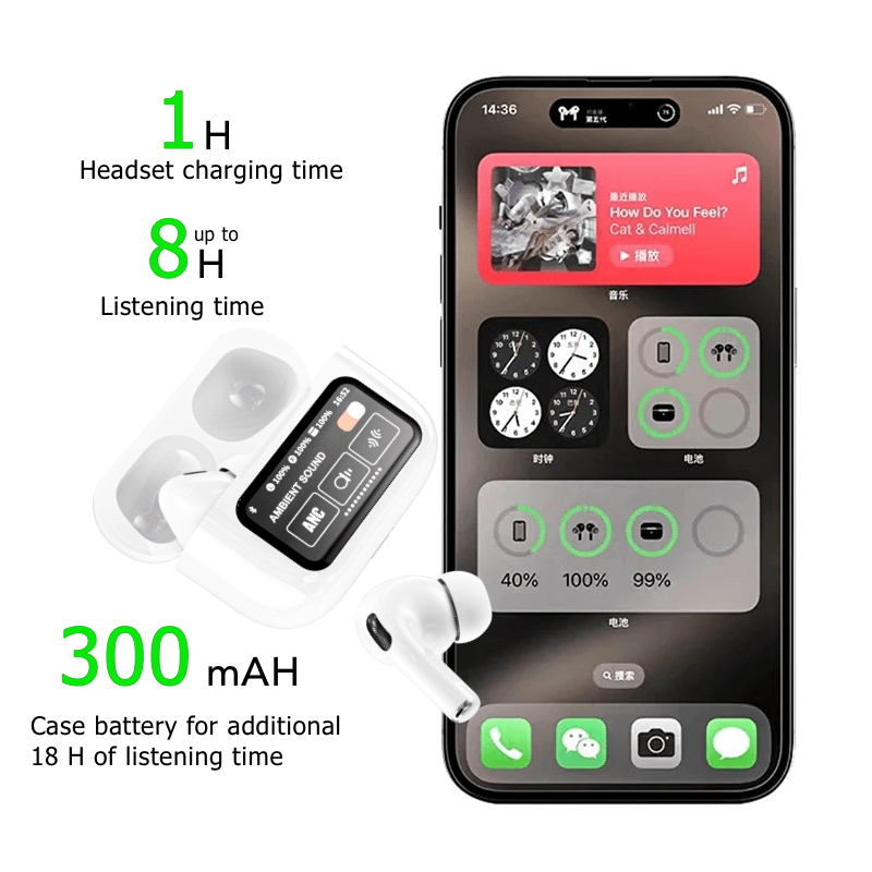 TouchPods S10 Pro ANC/ENC vezeték nélküli Bluetooth fülhallgató, LCD érintőképernyő, aktív zajszűrés, intelligens AI fordító