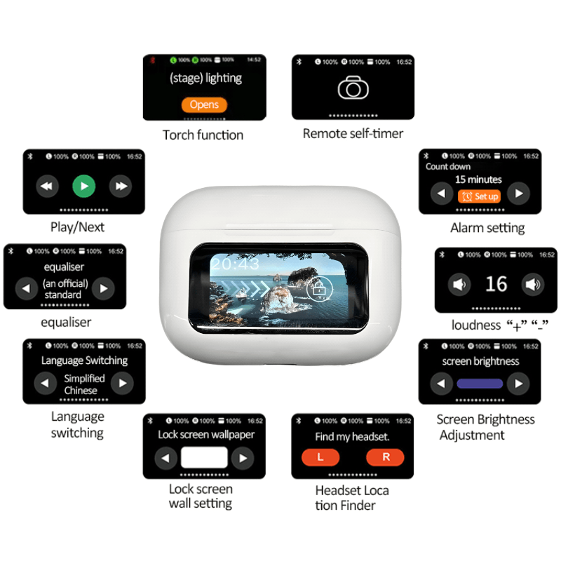 TouchPods S10 Pro ANC/ENC vezeték nélküli Bluetooth fülhallgató, LCD érintőképernyő, aktív zajszűrés, intelligens AI fordító