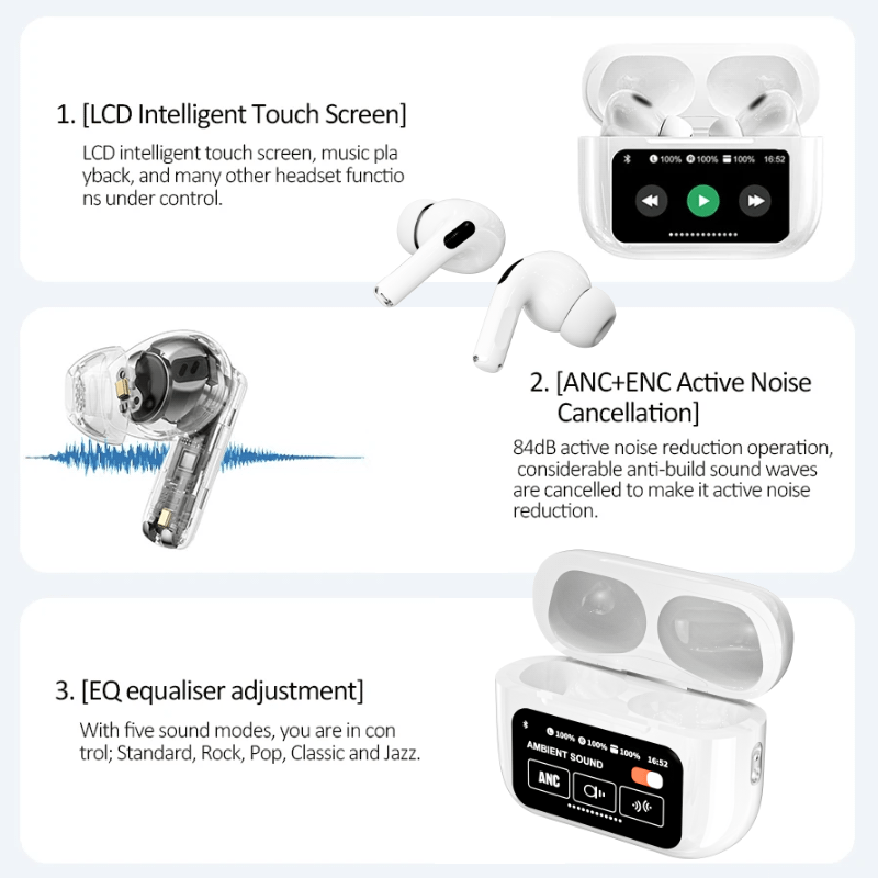 TouchPods S10 Pro ANC/ENC vezeték nélküli Bluetooth fülhallgató, LCD érintőképernyő, aktív zajszűrés, intelligens AI fordító