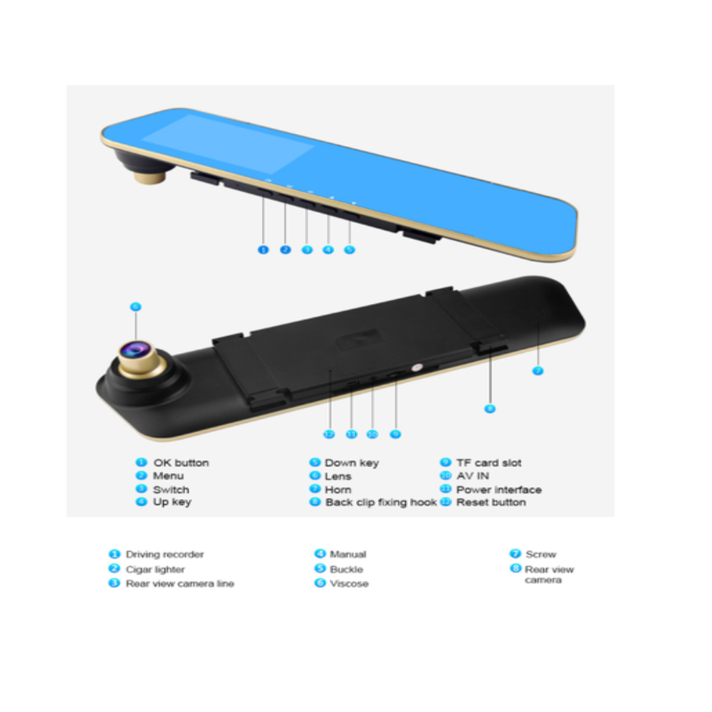 Autó Kamerás Visszapillantó Tükör 4,3 hüvelykes LCD Képernyővel és Felvevővel