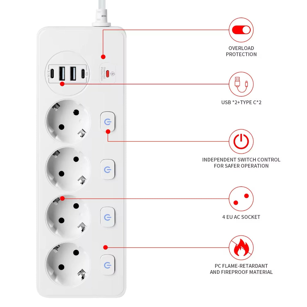 Túlfeszültségvédett Elosztó Kapcsolóval, 4 x Schuko, 2 x USB-A, 2 x USB-C